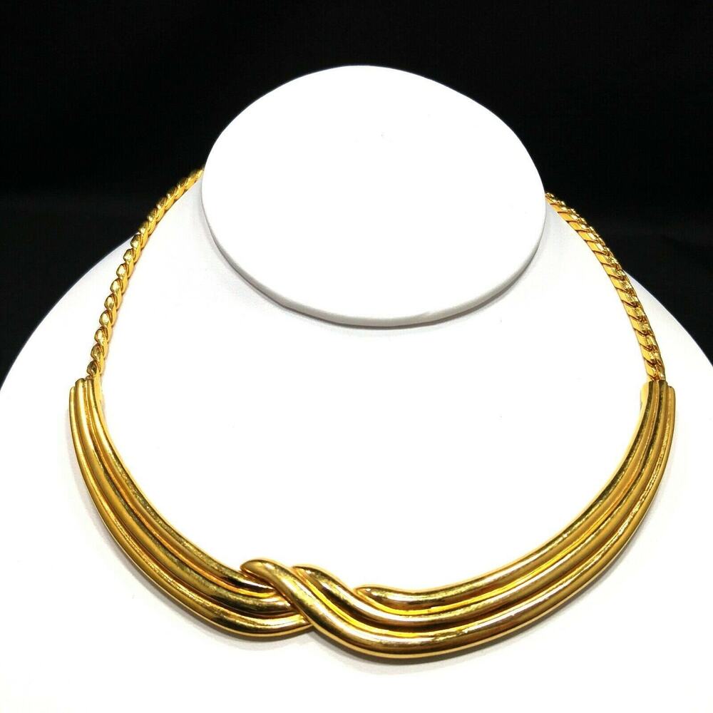 Vintage Monet Gold Plated Choker Necklace Swirl Design 1960s Mid Century 16.5"